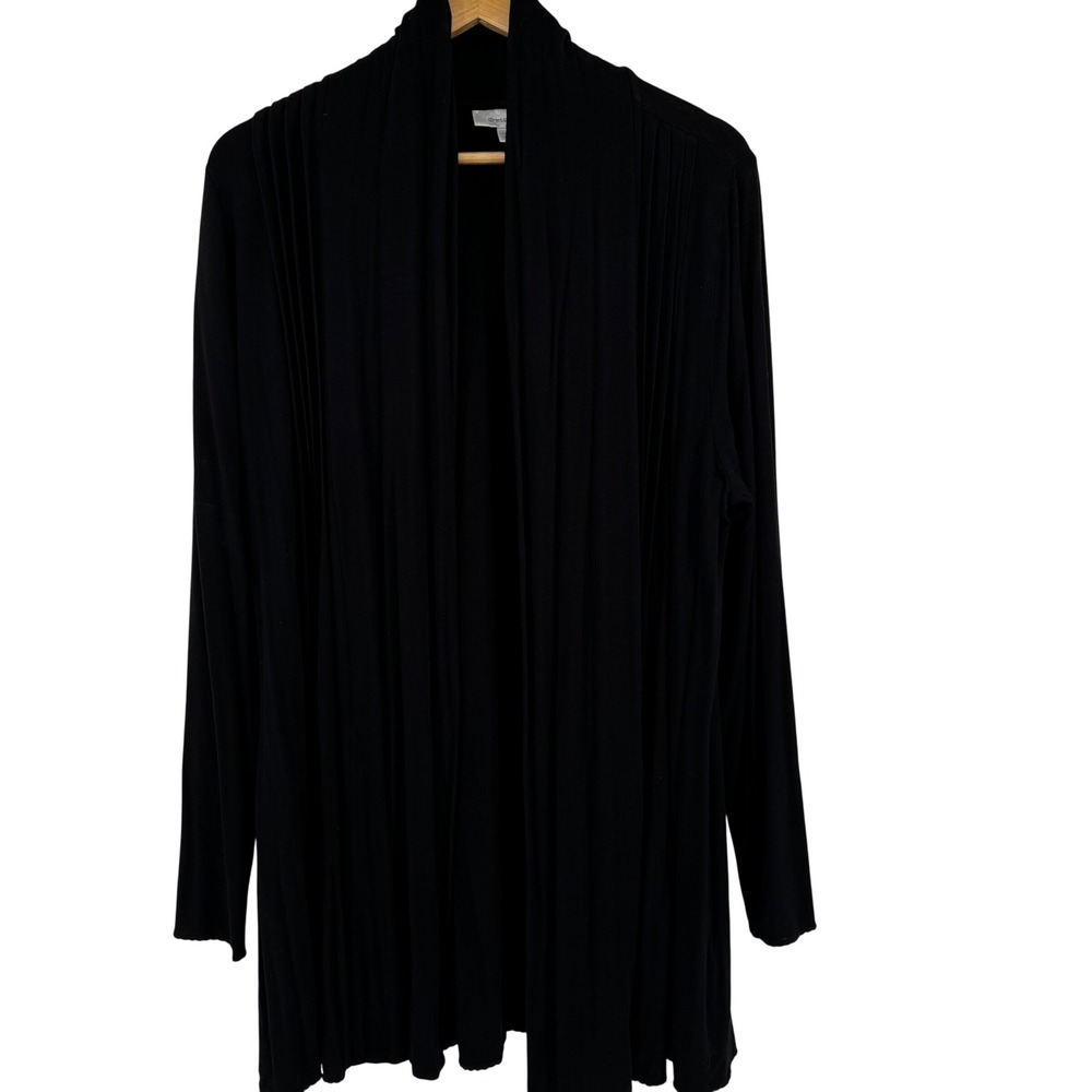 Dressbarn Womens 1X Black‎ Open Front Pleated Cardigan Draped Shawl Collar Rayon